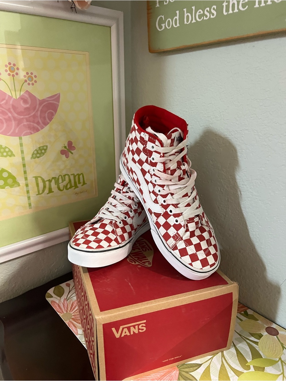 Vans Red and White Checkerboard High-Top Sneakers 8.5